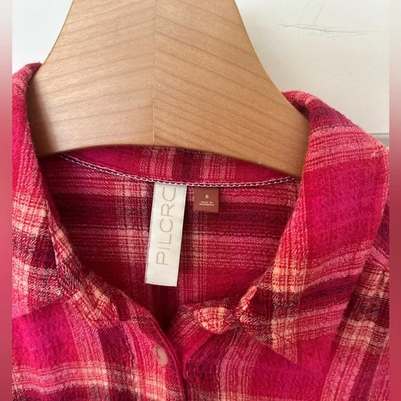 Anthropologie Pilcro Vibrant Pink Red Plaid Shirt - Picture 2 of 6